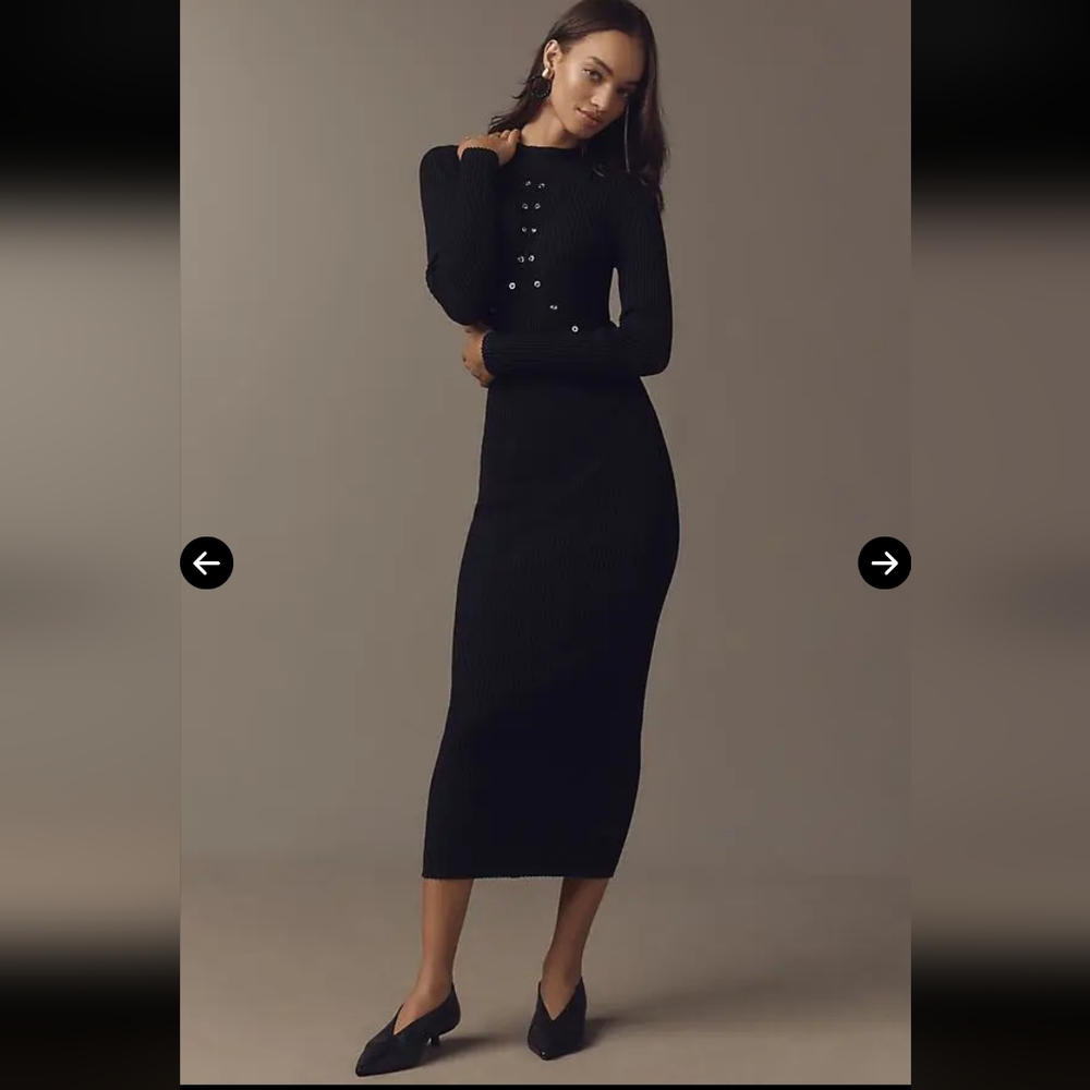 Anthropologie Women's Black Long Sleeve Studded Ribbed Sweater Midi Dress Small